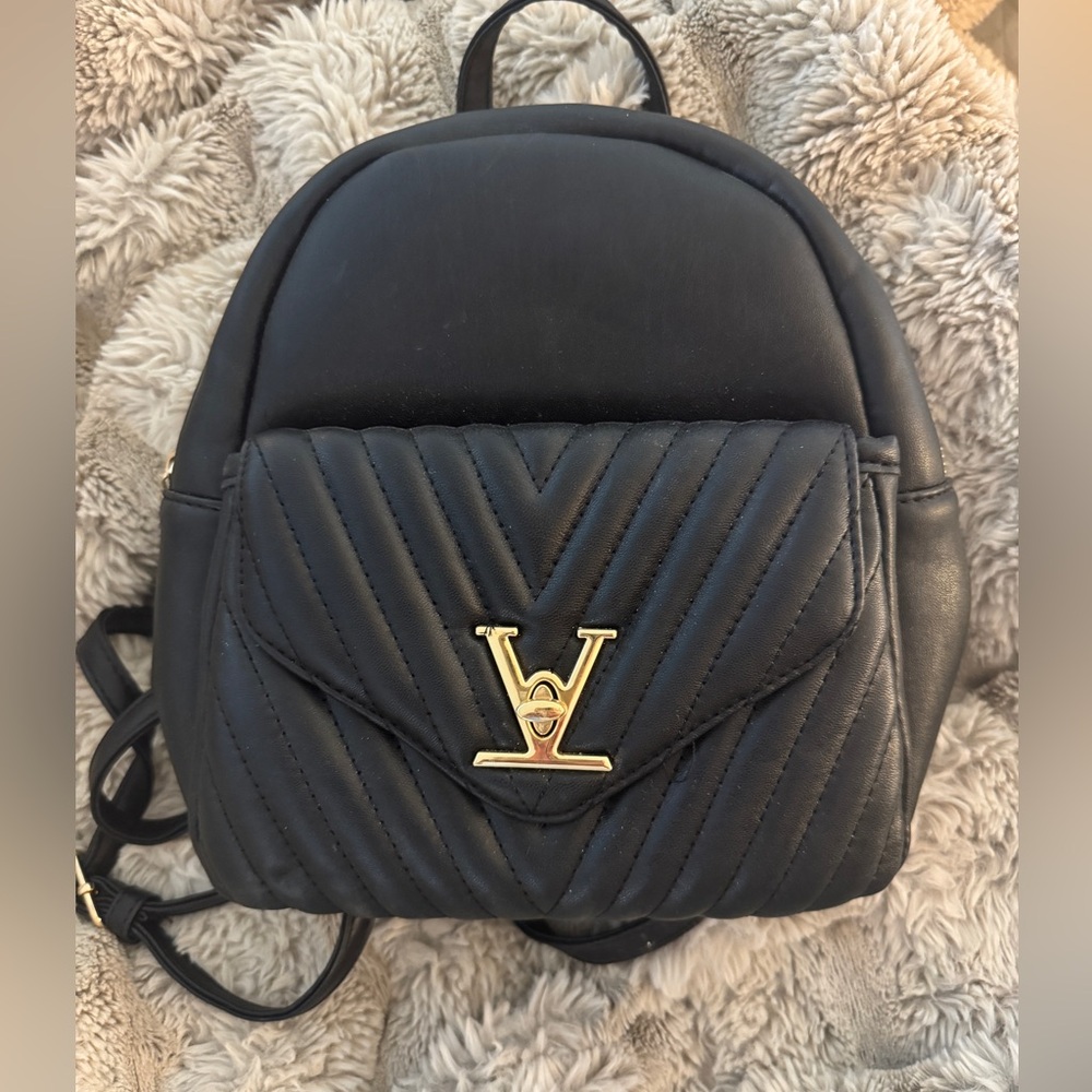 Black Faux Leather Backpack Purse- Gold Hardware